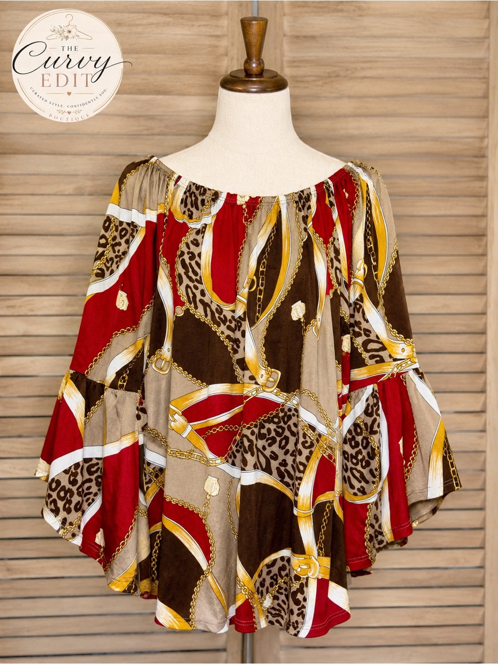Women’s Boho Off Shoulder Bell Sleeve Top Leopard Chain Print EST XL 1X Chic